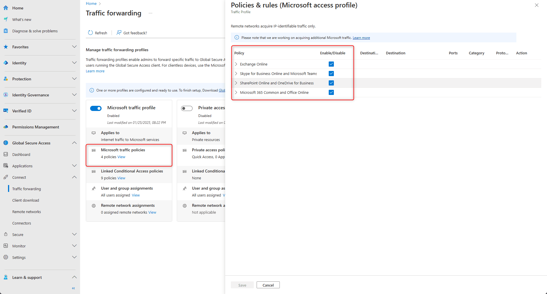 Global Secure Access: Microsoft traffic profile policies and application list
